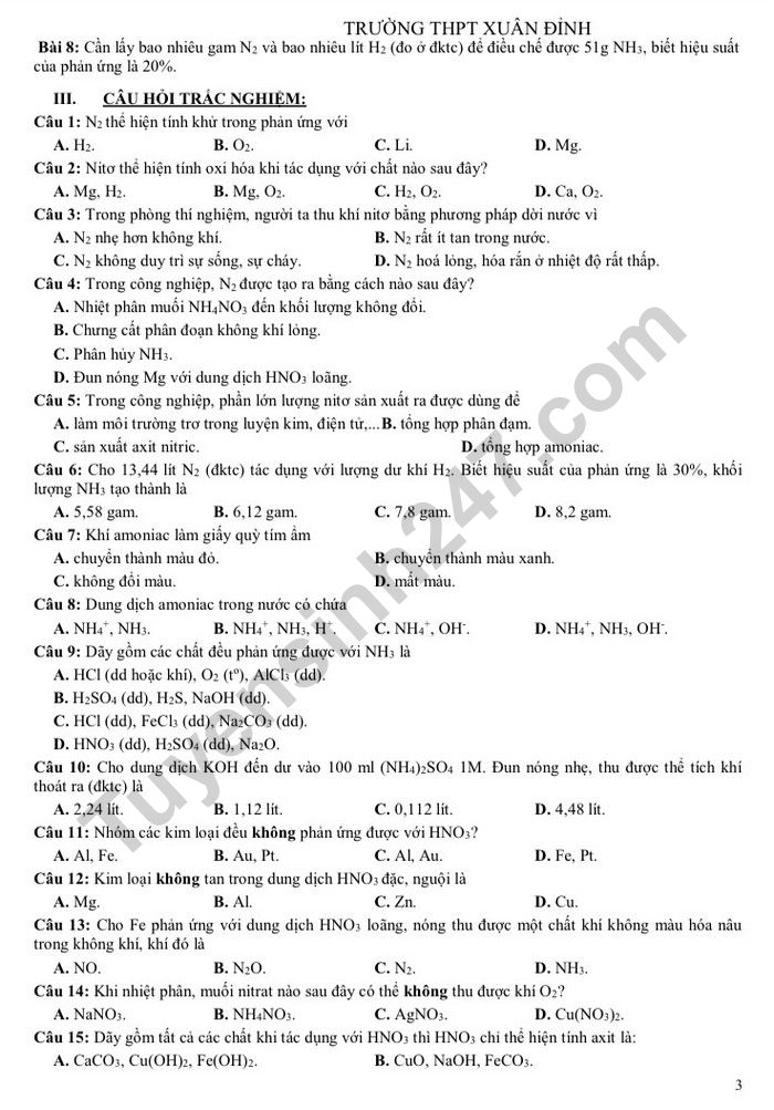 De cuong hoc ki 1 lop 11 nam 2022 mon Hoa - THPT Xuan Dinh
