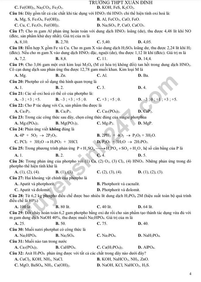 De cuong hoc ki 1 lop 11 nam 2022 mon Hoa - THPT Xuan Dinh