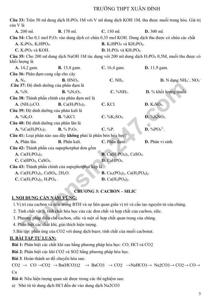 De cuong hoc ki 1 lop 11 nam 2022 mon Hoa - THPT Xuan Dinh