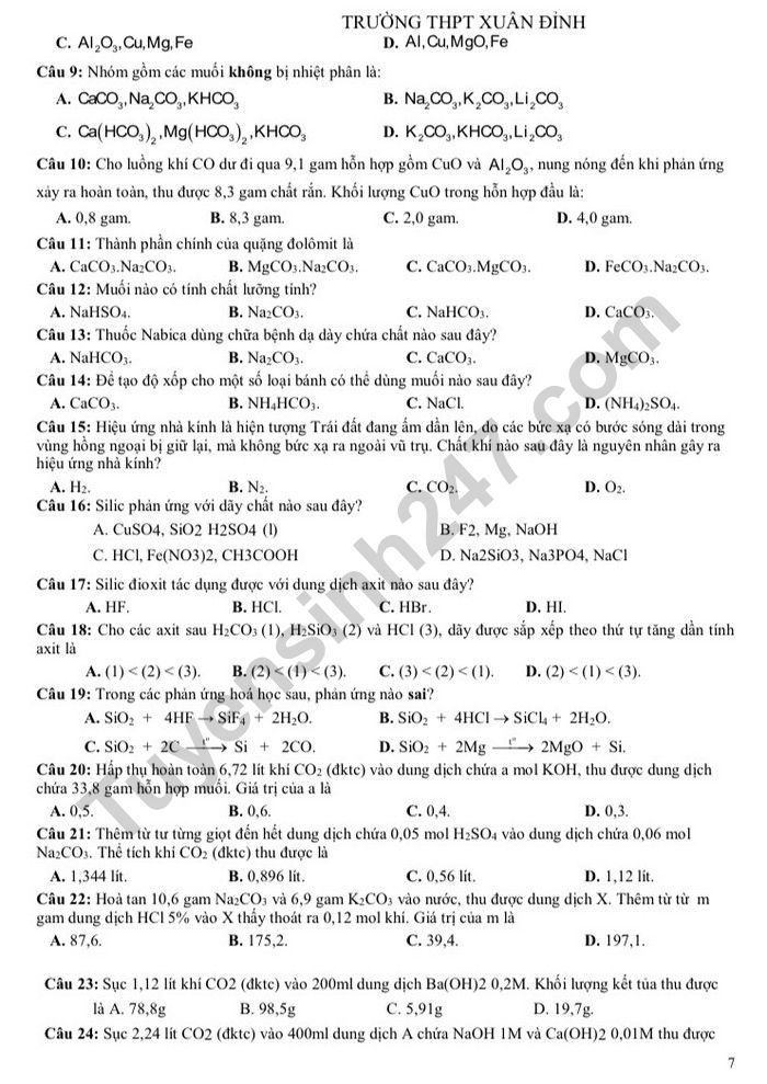 De cuong hoc ki 1 lop 11 nam 2022 mon Hoa - THPT Xuan Dinh