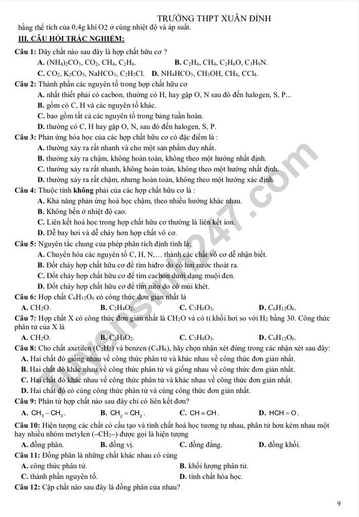 De cuong hoc ki 1 lop 11 nam 2022 mon Hoa - THPT Xuan Dinh