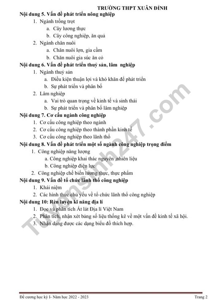 De cuong hoc ki 1 lop 12 nam 2022 mon Dia - THPT Xuan Dinh