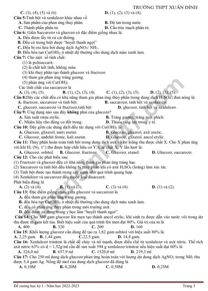 De cuong hoc ki 1 lop 12 nam 2022 mon Hoa - THPT Xuan Dinh