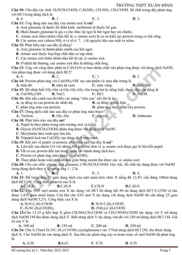 De cuong hoc ki 1 lop 12 nam 2022 mon Hoa - THPT Xuan Dinh
