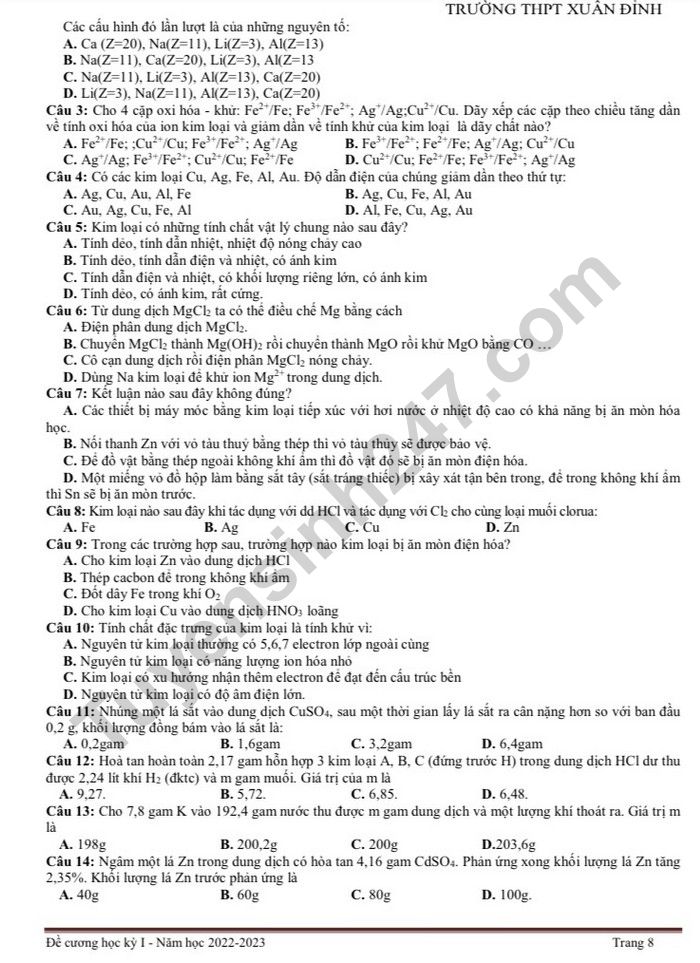 De cuong hoc ki 1 lop 12 nam 2022 mon Hoa - THPT Xuan Dinh