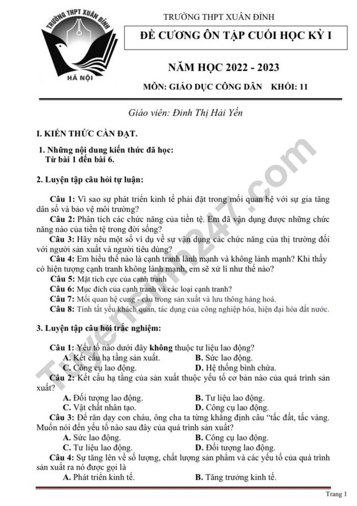 De cuong on tap cuoi hoc ki 1 lop 11 mon GDCD nam 2022 truong - THPT Xuan Dinh