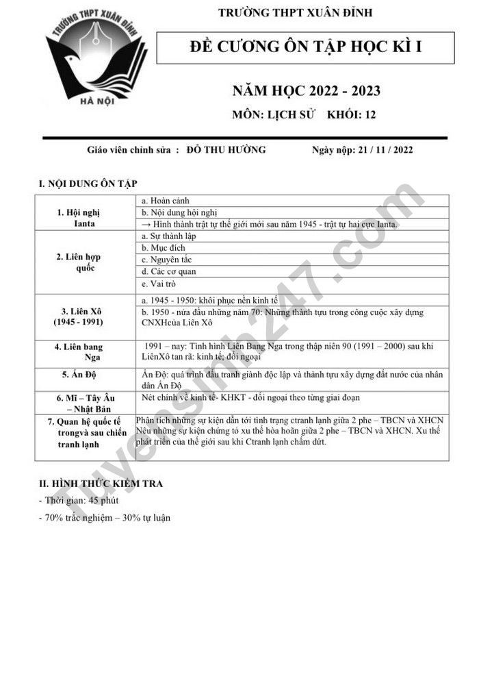 De cuong on tap hoc ki 1 lop 12 mon Su nam 2022 - THPT Xuan Dinh