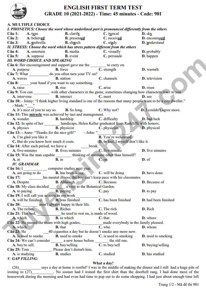 De thi ki 1 mon Anh lop 10 THPT Gia Dinh 2022 (Co dap an)