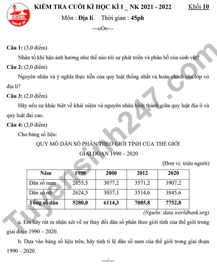 De thi hoc ki 1 lop 10 nam 2022 mon Dia THPT Gia Dinh (Co dap an)