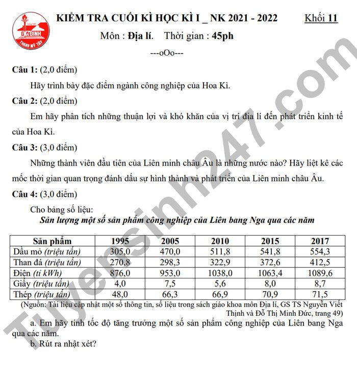 De kiem tra ki 1 lop 11 mon Dia 2022 THPT Gia Dinh (Co dap an)
