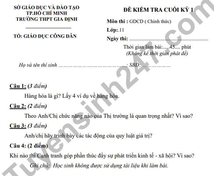 De kiem tra ki 1 mon GDCD lop 11 THPT Gia Dinh 2022 (Co dap an)