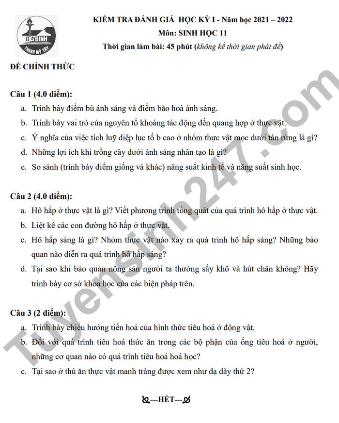 De thi ki 1 lop 11 nam 2022 mon Sinh THPT Gia Dinh (Co dap an)