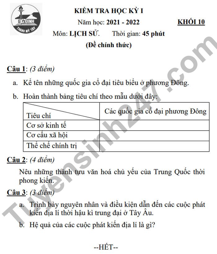 De thi hoc ki 1 lop 10 mon Su 2022 THPT Gia Dinh (Co dap an)