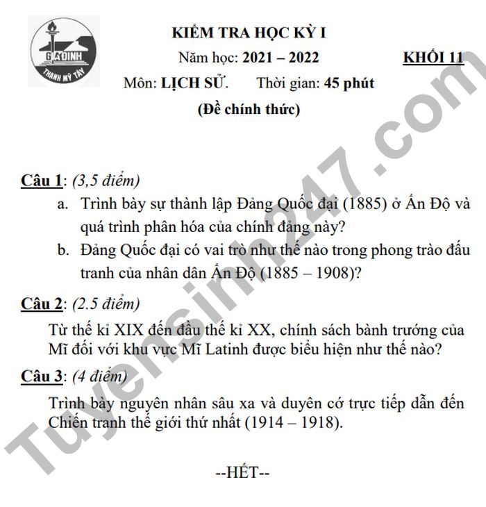 De thi hoc ki 1 mon Su lop 11 nam 2022 THPT Gia Dinh (Co dap an)