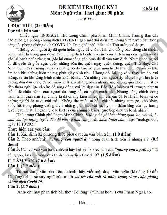 De thi ki 1 mon Van lop 10 nam 2022 - THPT Gia Dinh (Co dap an)