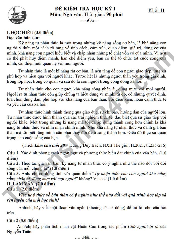De thi ki 1 lop 11 mon Van THPT Gia Dinh 2022 (Co dap an)