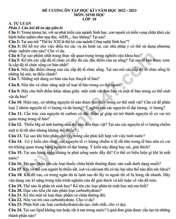De cuong on tap hoc ki 1 lop 10 nam 2022 mon Sinh - THPT Han Thuyen