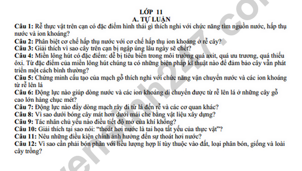 De cuong on tap hoc ki 1 lop 11 mon Sinh nam 2022 - THPT Han Thuyen