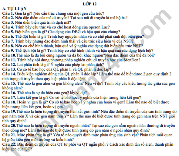 De cuong on tap ki 1 lop 12 mon Sinh nam 2022 - THPT Han Thuyen
