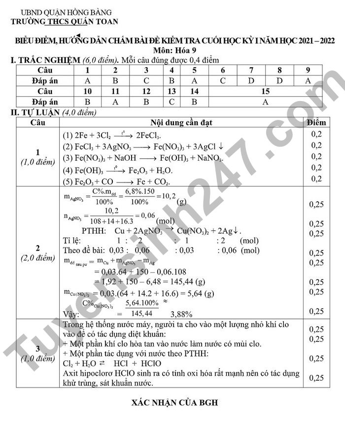 De thi ki 1 mon Hoa lop 9 THCS Quan Toan 2022 (Co dap an)