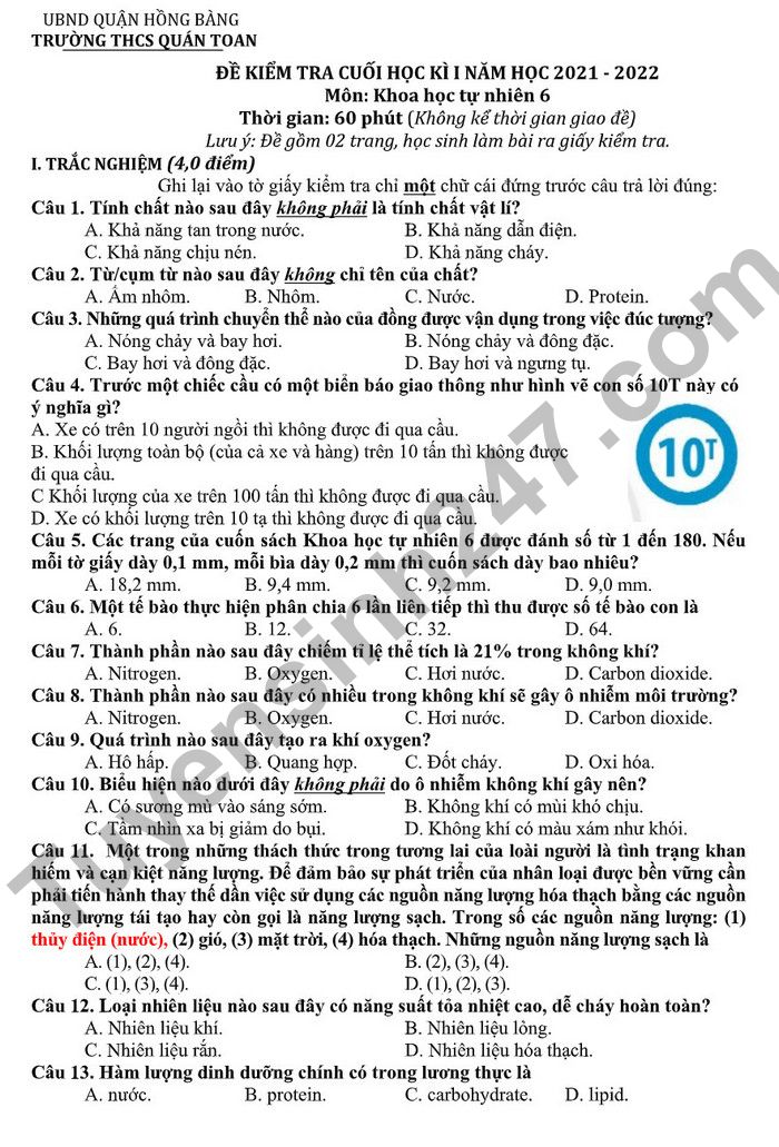 De kiem tra ki 1 lop 6 mon KHTN THCS Quan Toan 2022 (Co dap an)