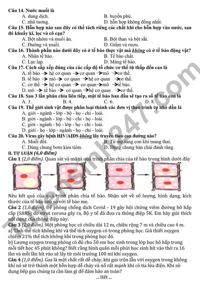 De kiem tra ki 1 lop 6 mon KHTN THCS Quan Toan 2022 (Co dap an)