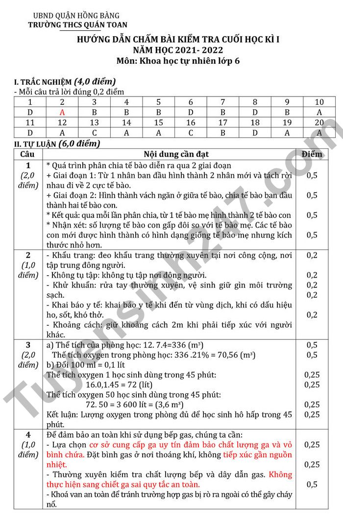 De kiem tra ki 1 lop 6 mon KHTN THCS Quan Toan 2022 (Co dap an)