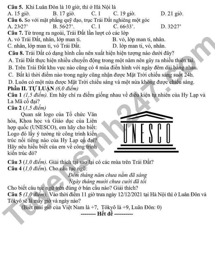 De kiem tra ki lop 6 mon Su - Dia 2022 THCS Quan Toan (Co dap an)