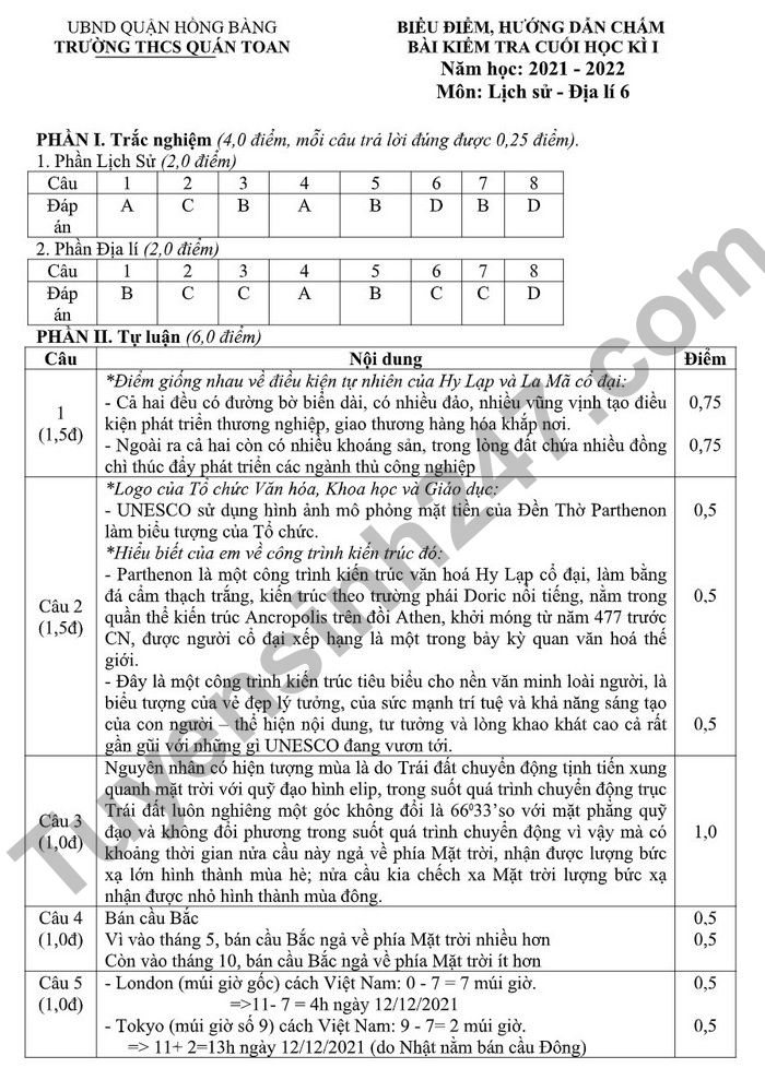 De kiem tra ki lop 6 mon Su - Dia 2022 THCS Quan Toan (Co dap an)