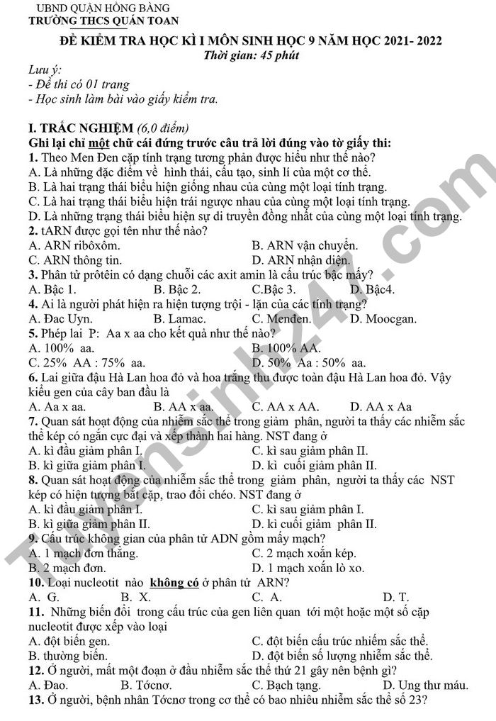 De thi ki 1 mon Sinh lop 9 THCS Quan Toan 2022 (Co dap an)
