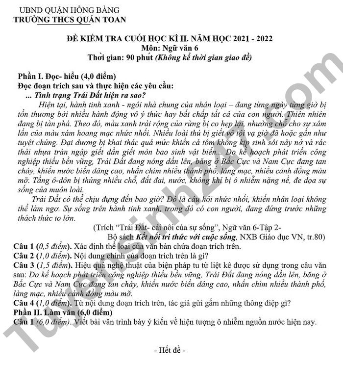 De kiem tra ki 1 mon Van lop 6 nam 2022 - THCS Quan Toan (Co dap an)