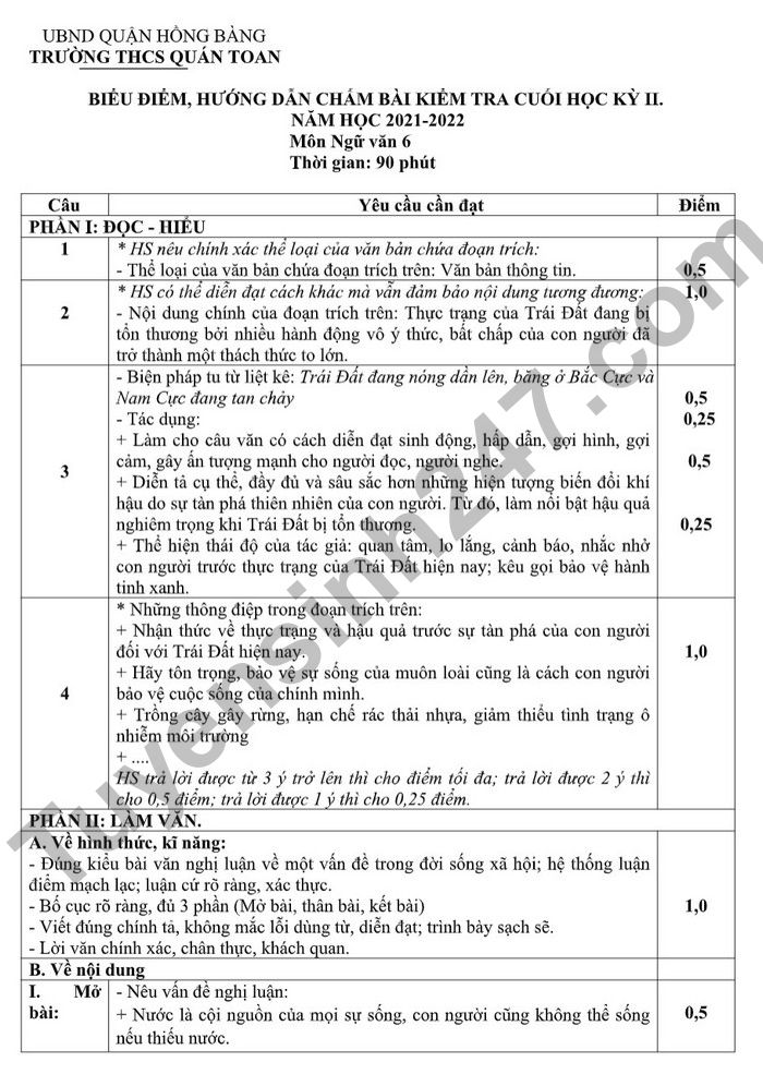 De kiem tra ki 1 mon Van lop 6 nam 2022 - THCS Quan Toan (Co dap an)