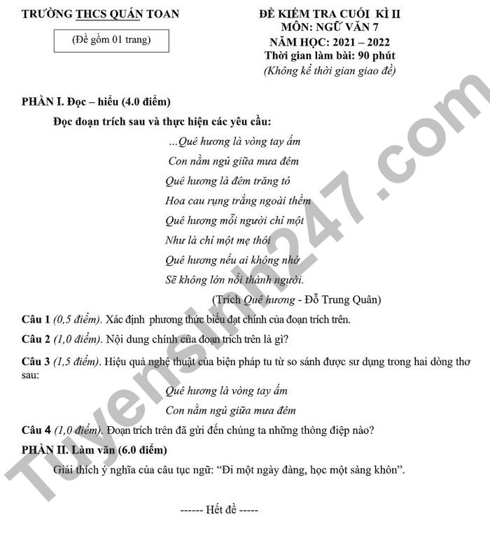 De thi ki 1 lop 7 nam 2022 mon Van THCS Quan Toan (Co dap an)