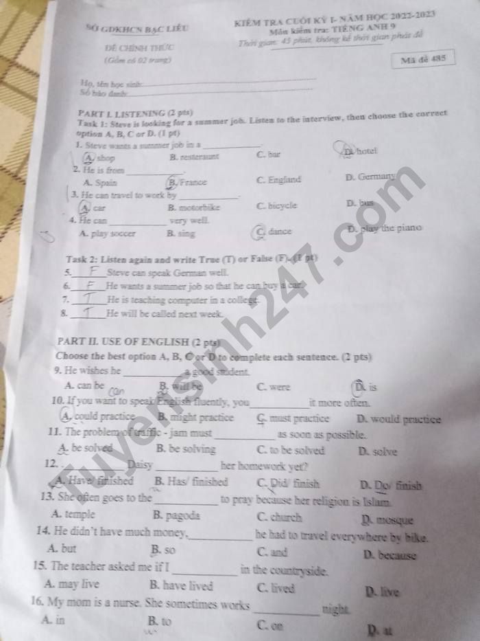 De thi hoc ki 1 lop 9 mon Anh nam 2022 - So GD Bac Lieu