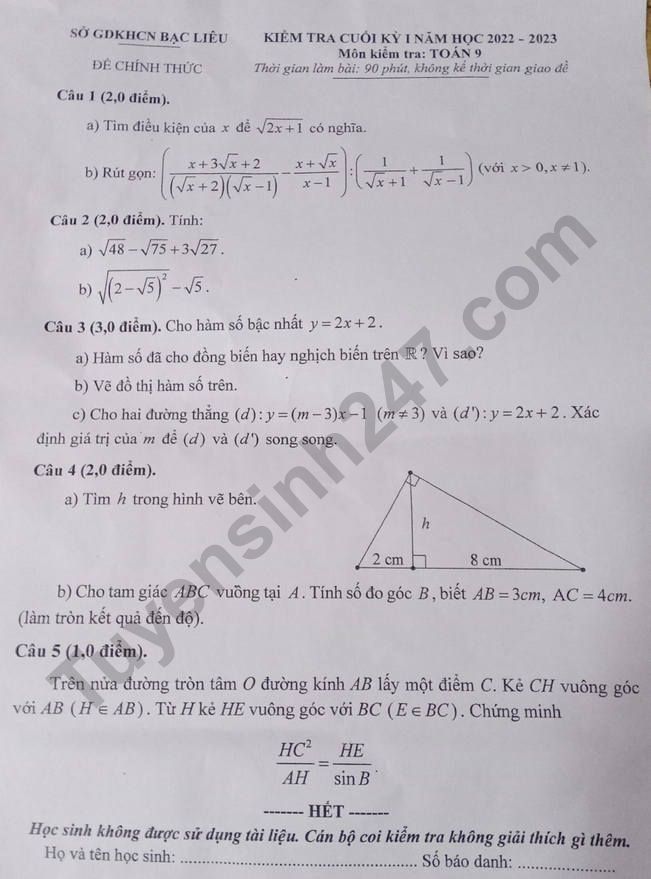 De thi ki 1 mon Toan lop 9 - So GD Bac Lieu 2022