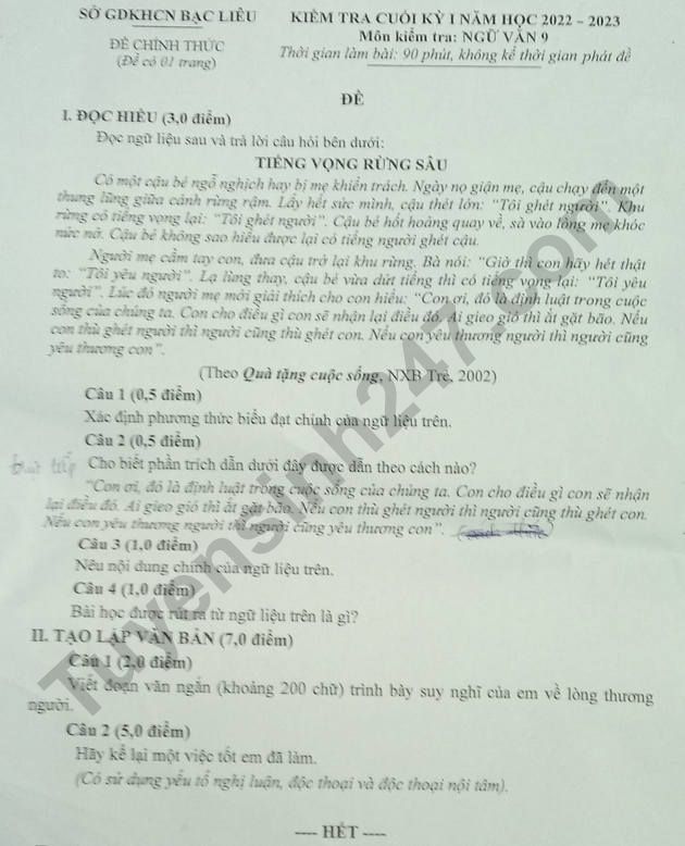 De thi ki 1 lop 9 mon Van 2022 - So GD Bac Lieu