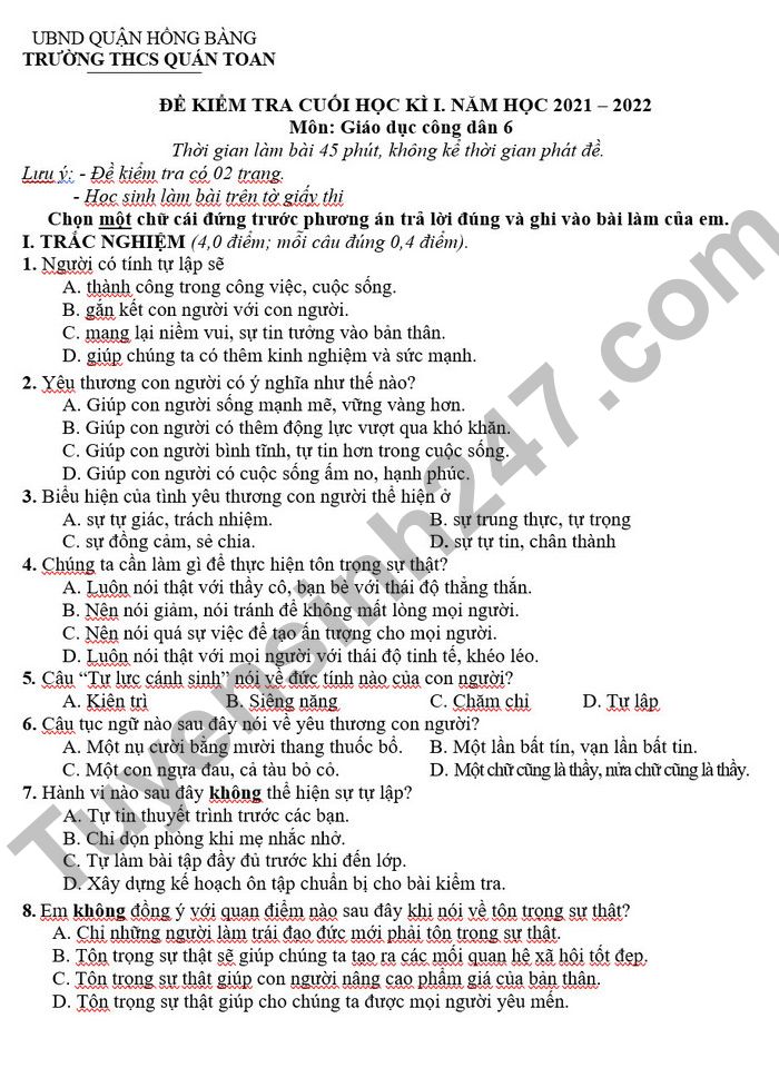 De kiem tra ki 1 mon GDCD lop 6 2022 THCS Quan Toan (Co dap an)