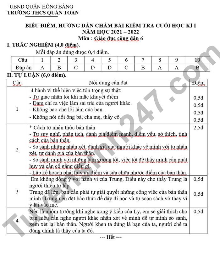 De kiem tra ki 1 mon GDCD lop 6 2022 THCS Quan Toan (Co dap an)