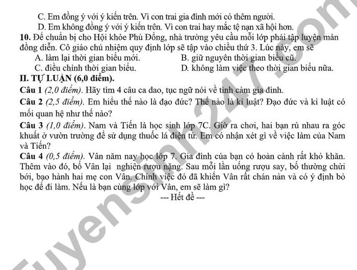 De kiem tra ki 1 lop 7 nam 2022 mon GDCD THCS Quan Toan (Co dap an)