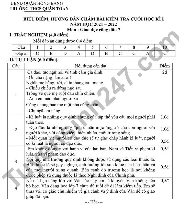 De kiem tra ki 1 lop 7 nam 2022 mon GDCD THCS Quan Toan (Co dap an)