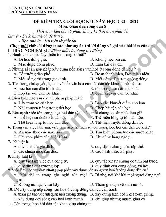 De kiem tra ki 1 mon GDCD lop 8 - THCS Quan Toan 2022 (Co dap an)