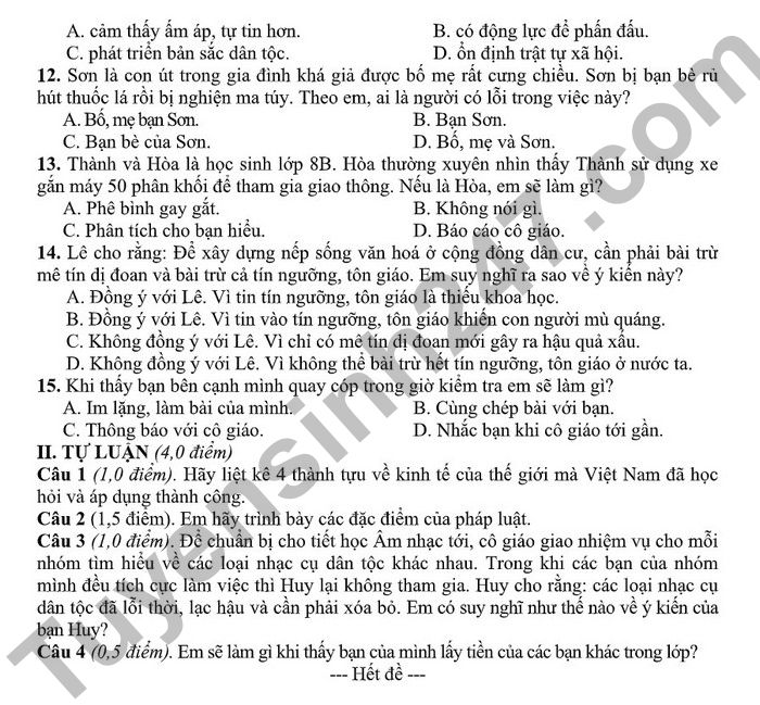 De kiem tra ki 1 mon GDCD lop 8 - THCS Quan Toan 2022 (Co dap an)