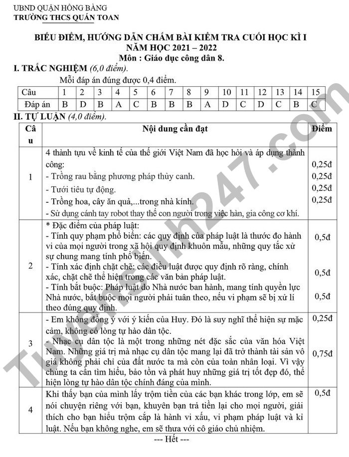 De kiem tra ki 1 mon GDCD lop 8 - THCS Quan Toan 2022 (Co dap an)
