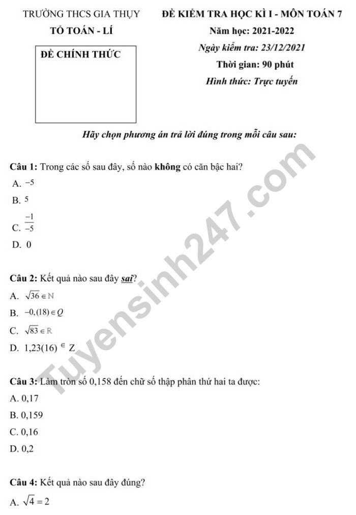 De kiem tra hoc ki 1 lop 7 mon Toan nam 2022 - THCS Gia Thuy