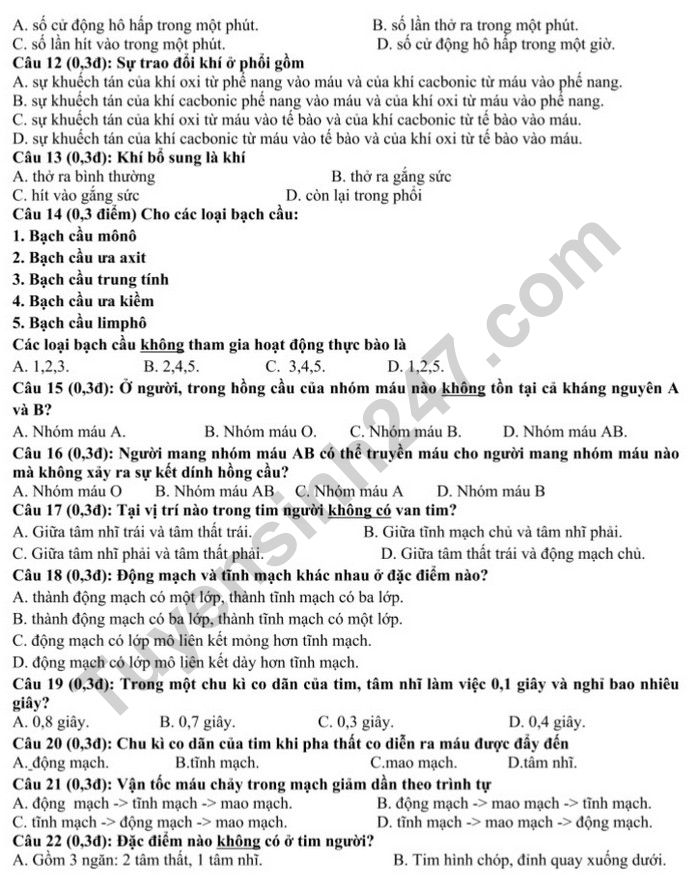 De thi hoc ki 1 mon Sinh lop 8 - THCS Gia Thuy nam 2022