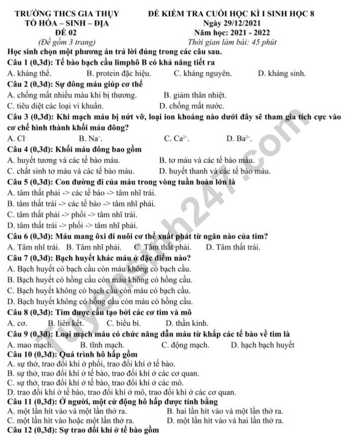 De thi hoc ki 1 mon Sinh lop 8 - THCS Gia Thuy nam 2022