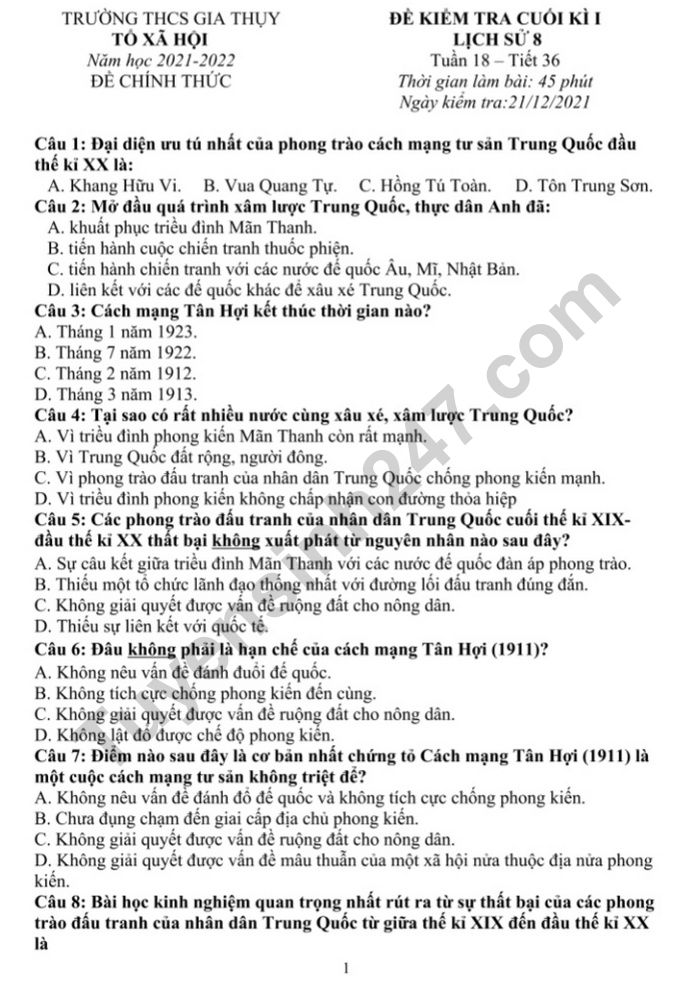 De thi hoc ki 1 lop 8 mon Su nam 2022 - THCS Gia Thuy