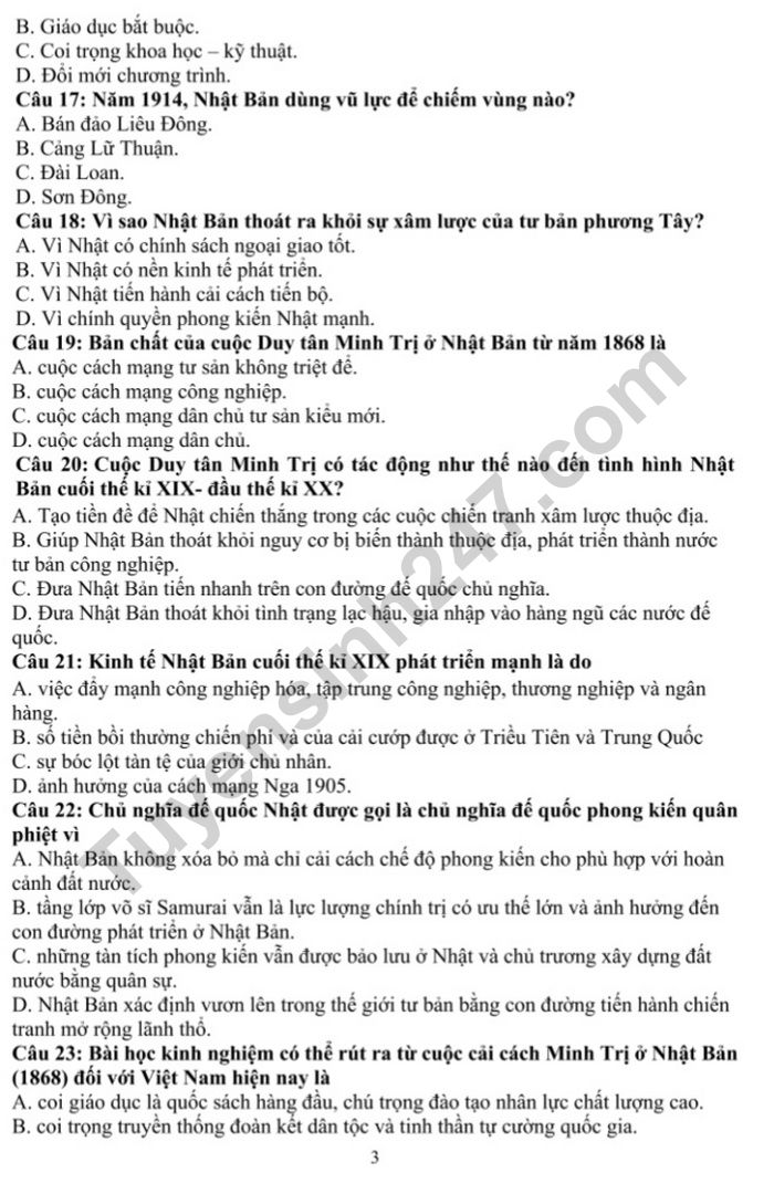 De thi hoc ki 1 lop 8 mon Su nam 2022 - THCS Gia Thuy