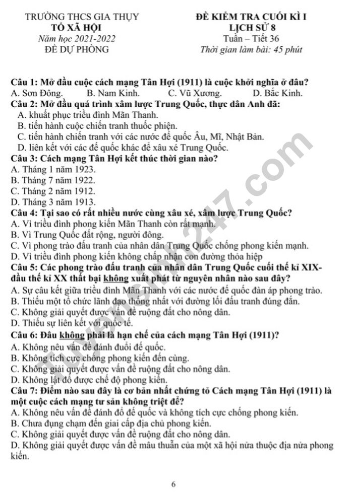 De thi hoc ki 1 lop 8 mon Su nam 2022 - THCS Gia Thuy