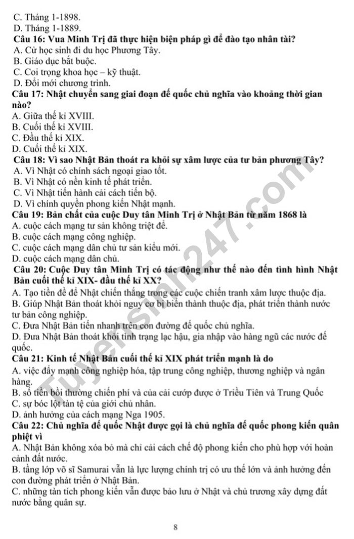 De thi hoc ki 1 lop 8 mon Su nam 2022 - THCS Gia Thuy